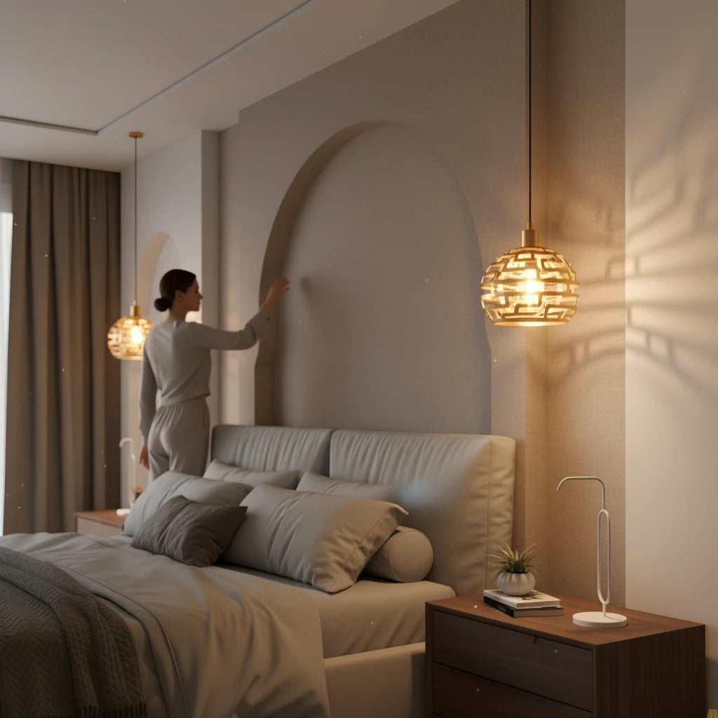 LIGHT HUB Suspension ATRIA gold pendant light with geometric cutouts hanging in a modern bedroom with arched wall