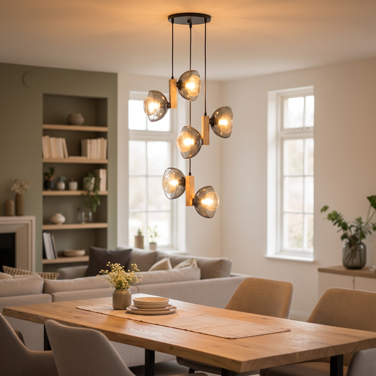 LIGHT HUB Suspension Ventura multi-light pendant with smoked glass globes and wooden accents in a modern dining room