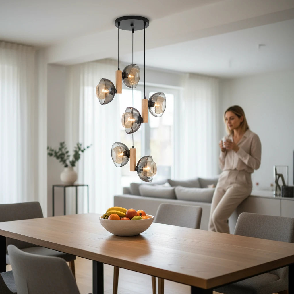 LIGHT HUB Suspension Ventura chandelier with smoked glass globes and wood accents hanging over a dining table