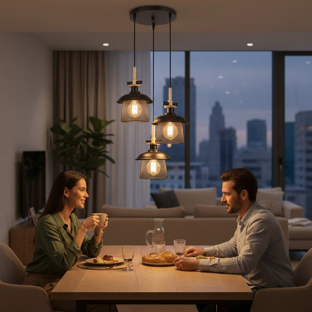 LIGHT HUB Suspension Vesta triple pendant light with black mesh shades and wood accents over a dining room table