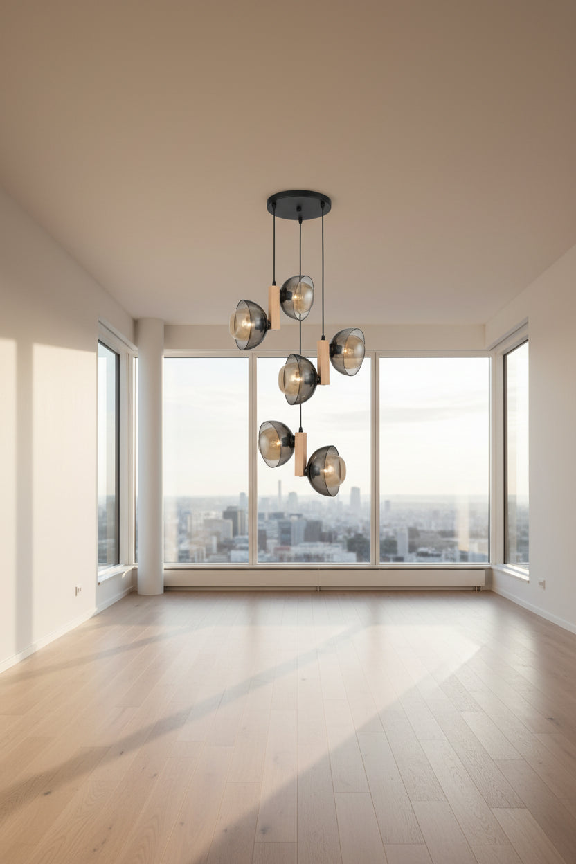 LIGHT HUB Suspension Ventura multi-light pendant with smoked glass globes and light wood accents on black cables