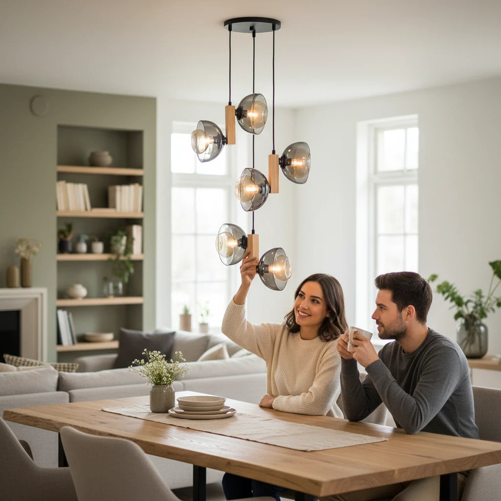 LIGHT HUB Suspension Ventura pendant light with smoke glass globes and wood accents hanging over a dining table