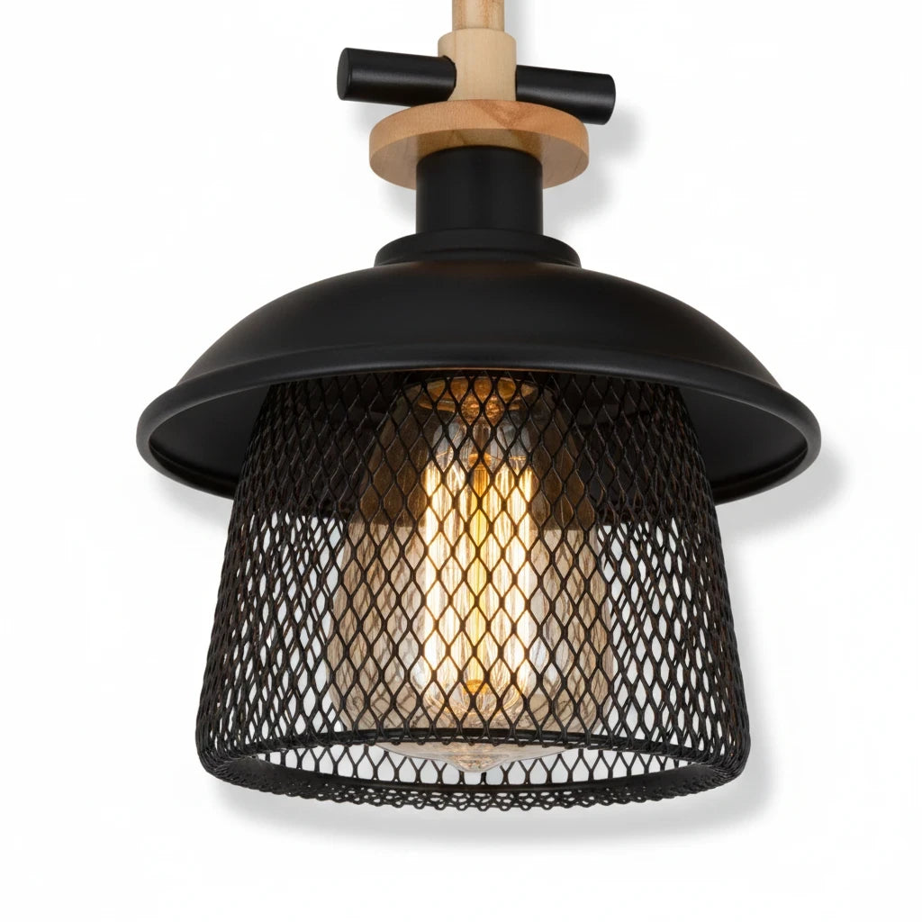 LIGHT HUB Vesta suspension light featuring a black metal dome, wire mesh shade, and natural wood accent detail.