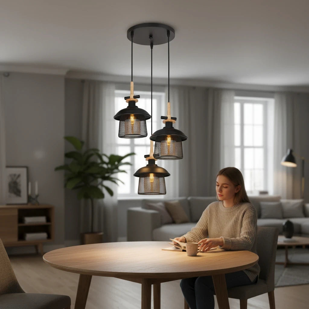 LIGHT HUB Vesta triple pendant light with black mesh shades and wooden accents hanging over a dining table