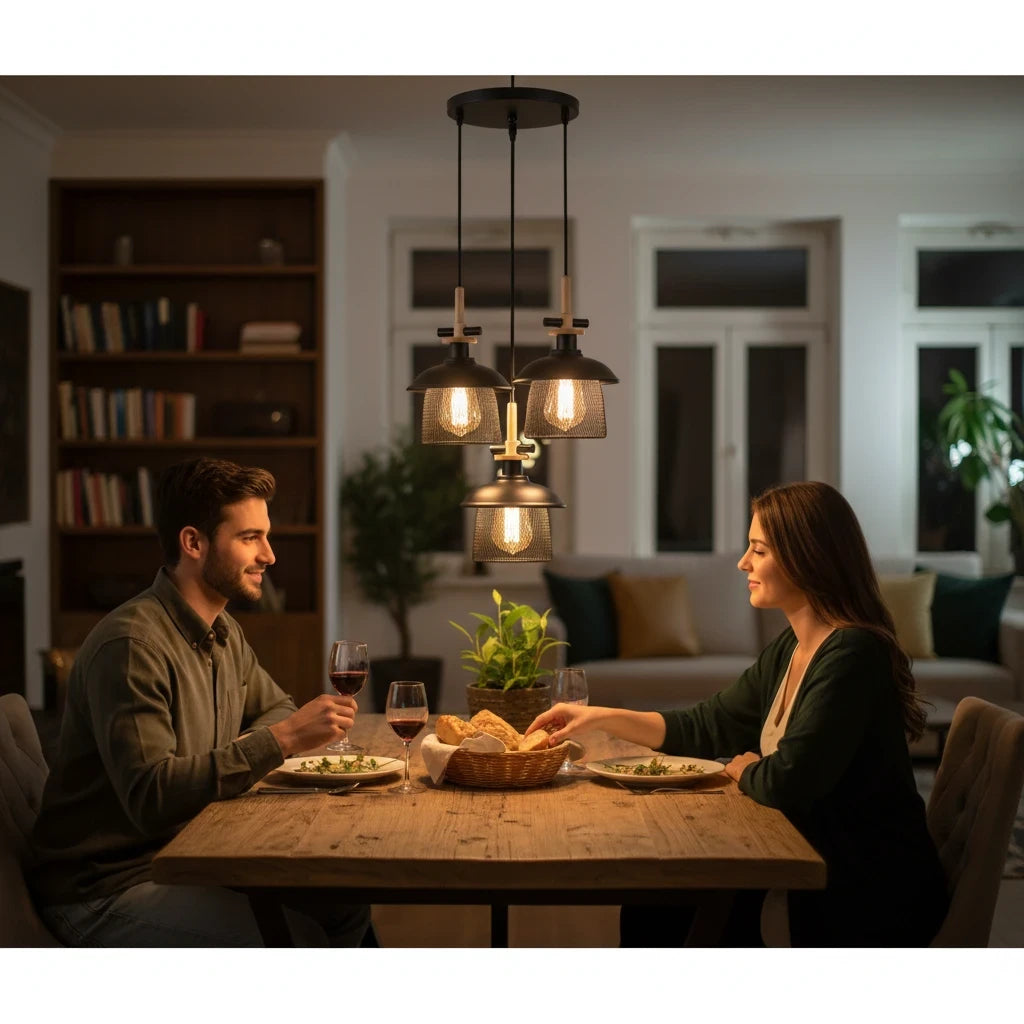 LIGHT HUB Suspension Vesta triple pendant light with black metal mesh shades hanging over a dining table