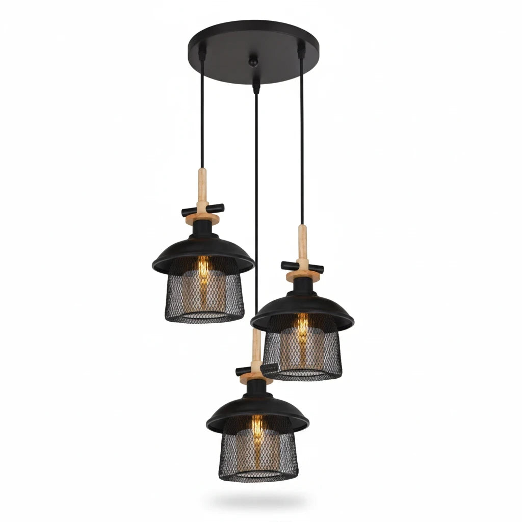 LIGHT HUB Vesta triple pendant light with black metal mesh shades and light wood accents on a round ceiling canopy
