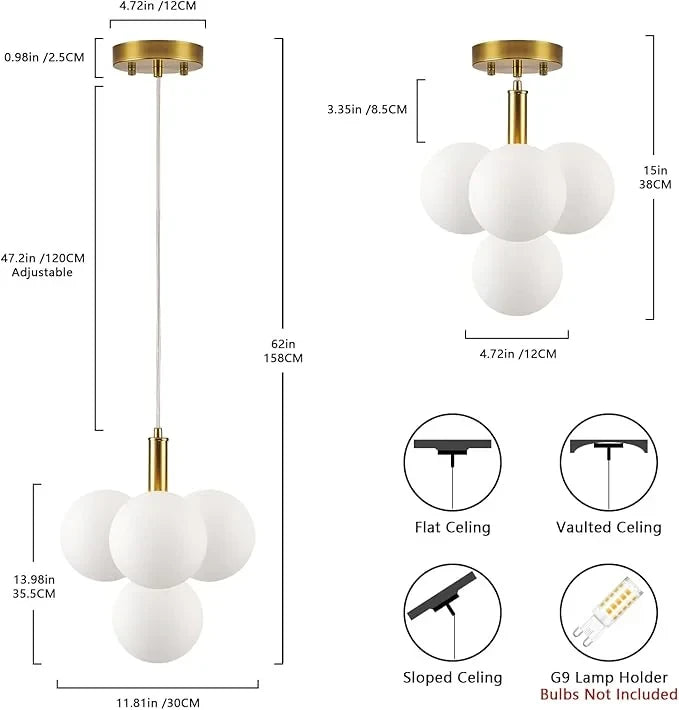 LIGHT HUB Yara & Omni pendant light with brass finish and white glass globes showing dimensions and ceiling mounting