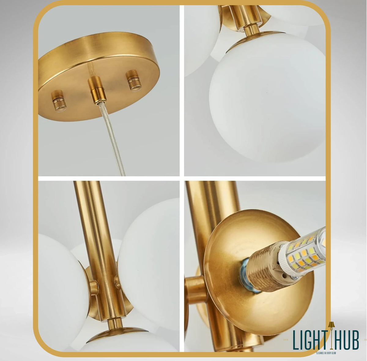 LIGHT HUB Yara and Omni pendant light set featuring brushed gold metal finish and spherical white glass globes.